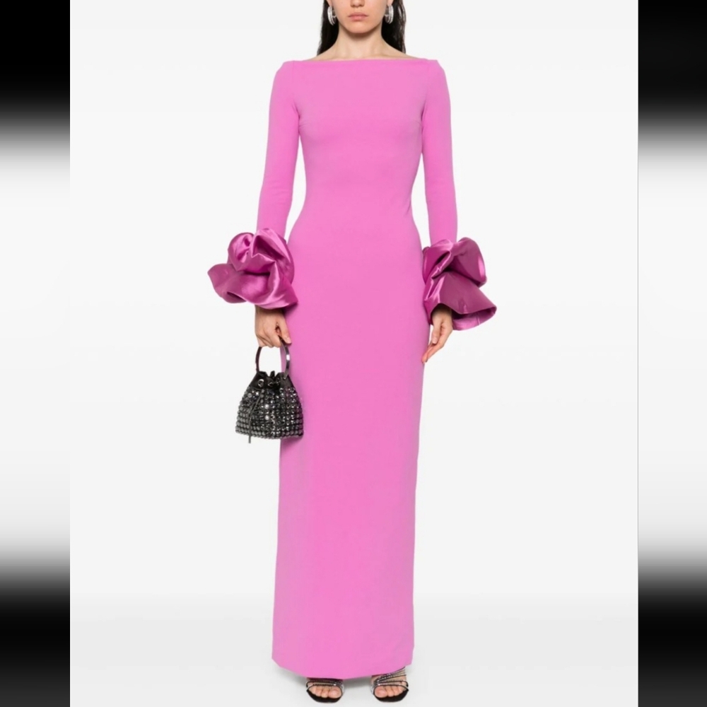 Solace London Pink Long Sleeve Gown with Statement Ruffle Cuffs